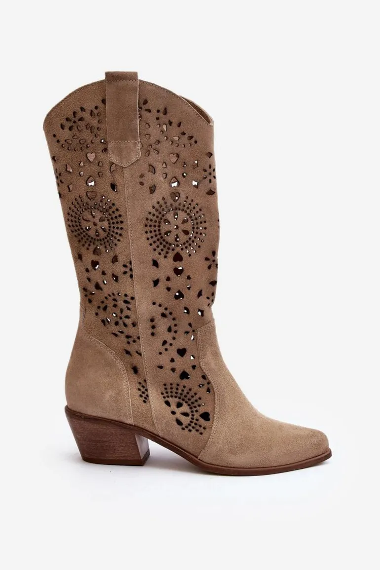 Zazoo 3396 Zamszowe Ażurowe Kozaki Do Połowy Łydki Jasnobeżowe