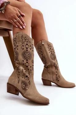Zazoo 3396 Zamszowe Ażurowe Kozaki Do Połowy Łydki Jasnobeżowe
