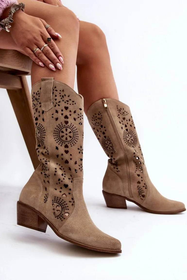 Zazoo 3396 Zamszowe Ażurowe Kozaki Do Połowy Łydki Jasnobeżowe