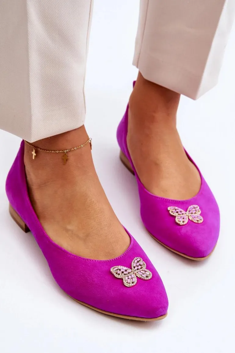 Zazoo 2887 Zamszowe Baleriny Z Ozdobnym Motylem Fuksja
