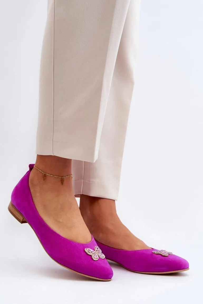 Zazoo 2887 Zamszowe Baleriny Z Ozdobnym Motylem Fuksja
