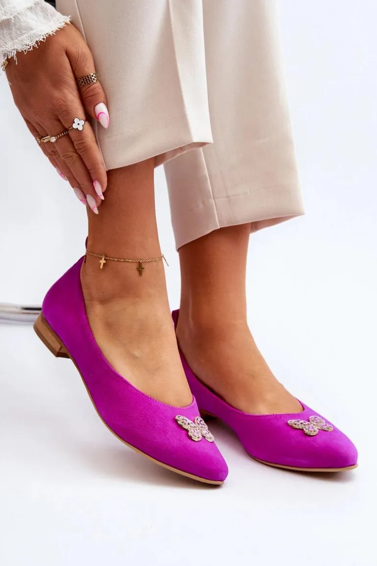Zazoo 2887 Zamszowe Baleriny Z Ozdobnym Motylem Fuksja