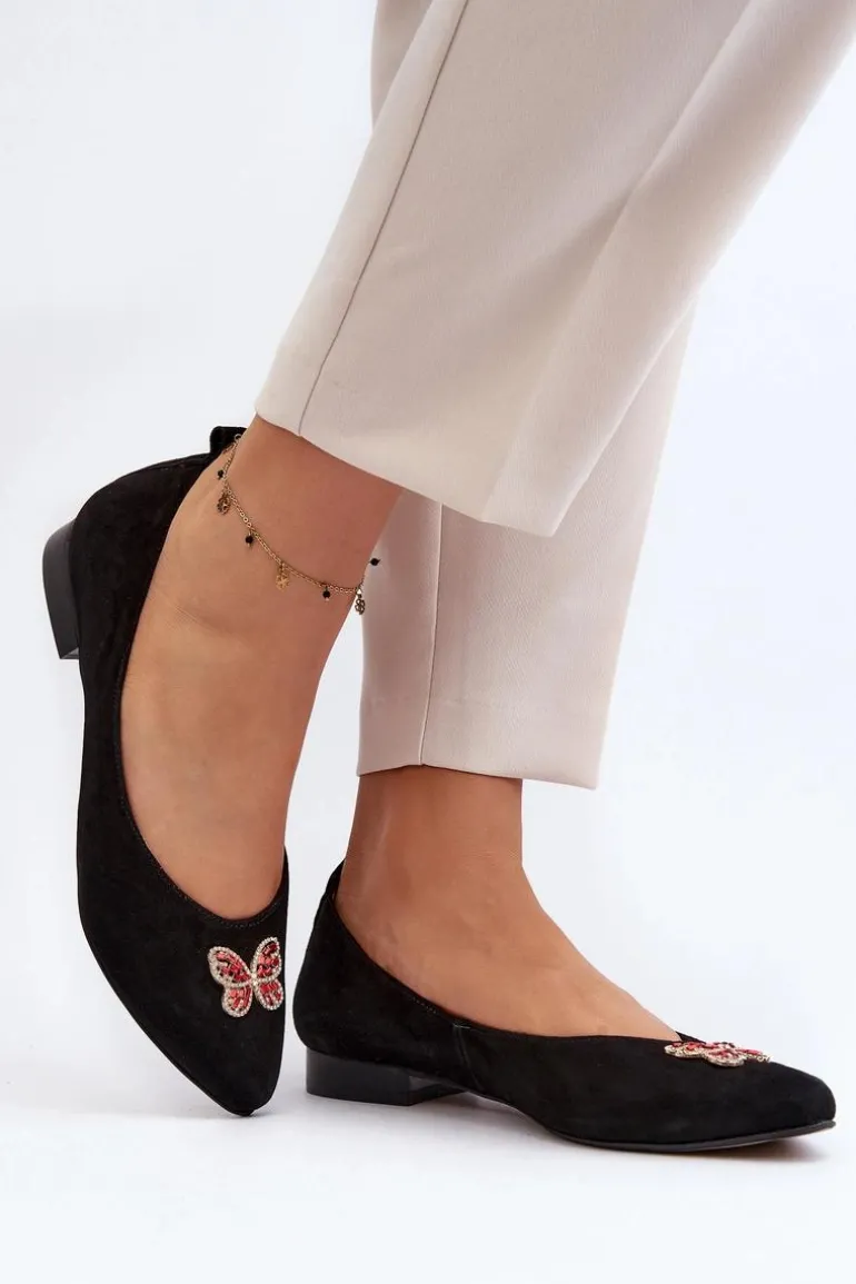 Zazoo 2887 Zamszowe Baleriny Z Ozdobnym Motylem Czarne