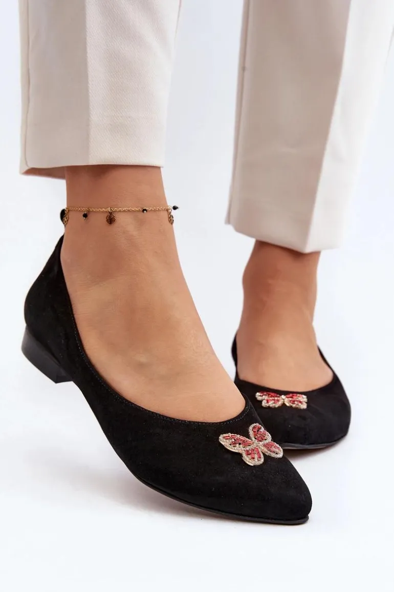 Zazoo 2887 Zamszowe Baleriny Z Ozdobnym Motylem Czarne