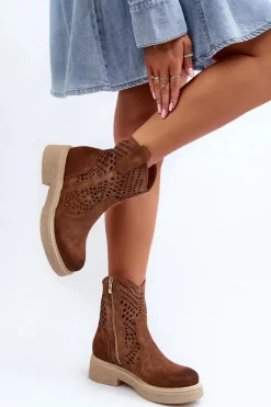 Zazoo 3470 Zamszowe Botki Damskie Na Płaskim Obcasie Ażurowe Brązowe