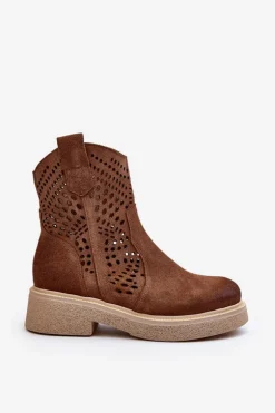 Zazoo 3470 Zamszowe Botki Damskie Na Płaskim Obcasie Ażurowe Brązowe