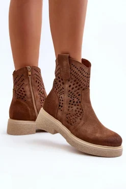 Zazoo 3470 Zamszowe Botki Damskie Na Płaskim Obcasie Ażurowe Brązowe