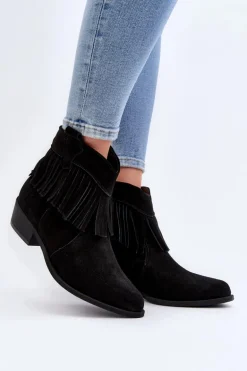 Zazoo 3430 Zamszowe Botki Damskie Z Frędzlami Czarne
