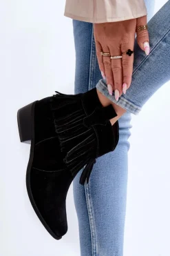 Zazoo 3430 Zamszowe Botki Damskie Z Frędzlami Czarne