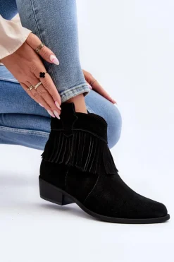 Zazoo 3430 Zamszowe Botki Damskie Z Frędzlami Czarne