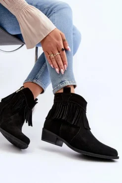 Zazoo 3430 Zamszowe Botki Damskie Z Frędzlami Czarne