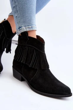 Zazoo 3430 Zamszowe Botki Damskie Z Frędzlami Czarne