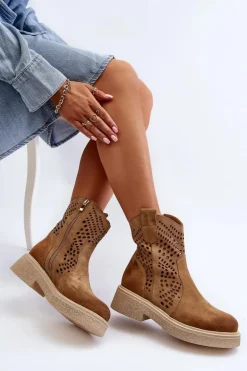 Zazoo 3470 Zamszowe Botki Damskie Na Płaskim Obcasie Ażurowe Beżowe