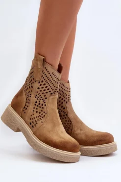 Zazoo 3470 Zamszowe Botki Damskie Na Płaskim Obcasie Ażurowe Beżowe