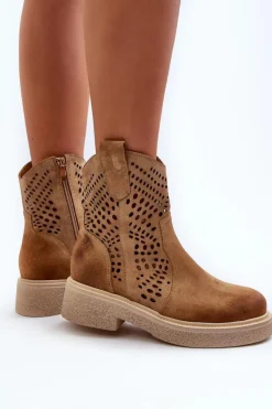 Zazoo 3470 Zamszowe Botki Damskie Na Płaskim Obcasie Ażurowe Beżowe