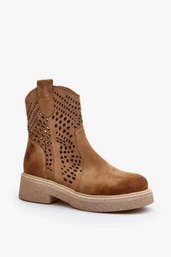 Zazoo 3470 Zamszowe Botki Damskie Na Płaskim Obcasie Ażurowe Beżowe