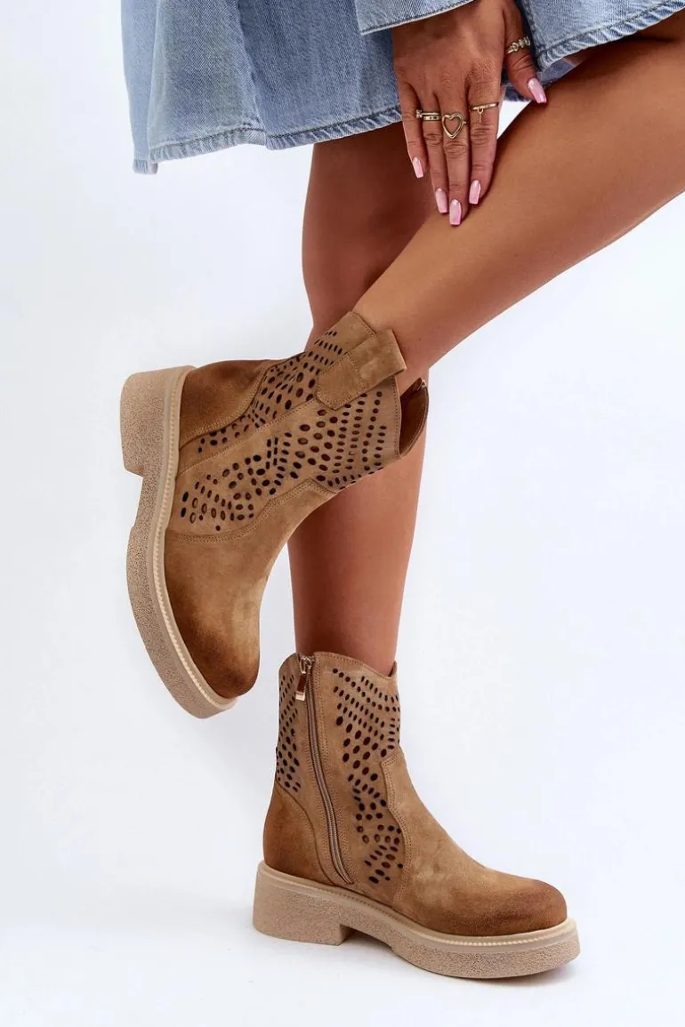 Zazoo 3470 Zamszowe Botki Damskie Na Płaskim Obcasie Ażurowe Beżowe
