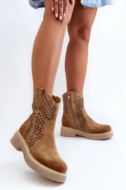 Zazoo 3470 Zamszowe Botki Damskie Na Płaskim Obcasie Ażurowe Beżowe