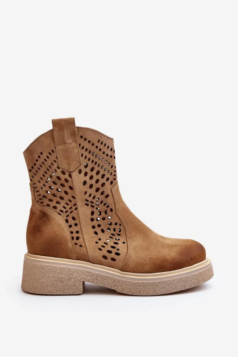 Zazoo 3470 Zamszowe Botki Damskie Na Płaskim Obcasie Ażurowe Beżowe