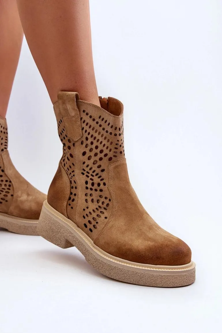 Zazoo 3470 Zamszowe Botki Damskie Na Płaskim Obcasie Ażurowe Beżowe