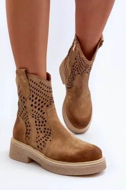 Zazoo 3470 Zamszowe Botki Damskie Na Płaskim Obcasie Ażurowe Beżowe