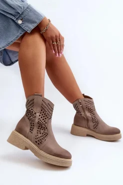 Zazoo 3470 Zamszowe Botki Damskie Na Płaskim Obcasie Ażurowe Cappuccino