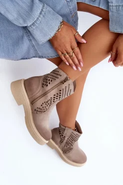 Zazoo 3470 Zamszowe Botki Damskie Na Płaskim Obcasie Ażurowe Cappuccino