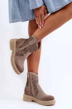 Zazoo 3470 Zamszowe Botki Damskie Na Płaskim Obcasie Ażurowe Cappuccino