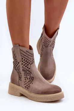 Zazoo 3470 Zamszowe Botki Damskie Na Płaskim Obcasie Ażurowe Cappuccino