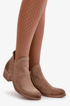 Zazoo 60475 Zamszowe Botki Damskie Na Niskim Obcasie Ocieplane Ciemnobeżowe