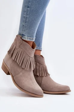 Zazoo 3430 Zamszowe Botki Damskie Z Frędzlami Cappucino