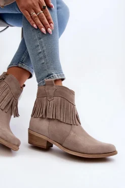 Zazoo 3430 Zamszowe Botki Damskie Z Frędzlami Cappucino