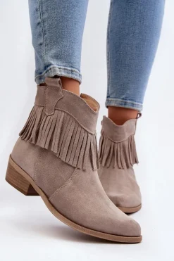 Zazoo 3430 Zamszowe Botki Damskie Z Frędzlami Cappucino