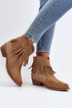 Zazoo 3430 Zamszowe Botki Damskie Z Frędzlami Beżowe