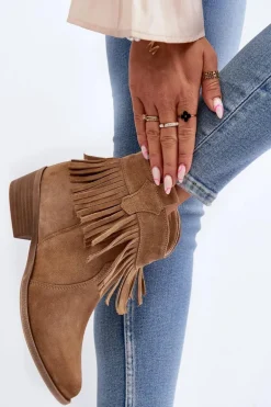 Zazoo 3430 Zamszowe Botki Damskie Z Frędzlami Beżowe