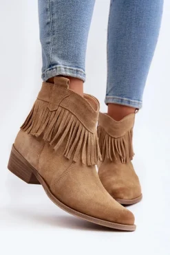Zazoo 3430 Zamszowe Botki Damskie Z Frędzlami Beżowe