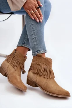 Zazoo 3430 Zamszowe Botki Damskie Z Frędzlami Beżowe
