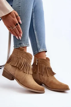 Zazoo 3430 Zamszowe Botki Damskie Z Frędzlami Beżowe