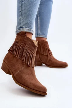 Zazoo 3430 Zamszowe Botki Damskie Z Frędzlami Camel