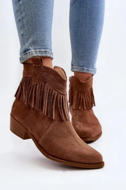 Zazoo 3430 Zamszowe Botki Damskie Z Frędzlami Camel