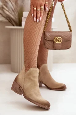 Zazoo 60475 Zamszowe Botki Damskie Na Niskim Obcasie Ocieplane Beżowe