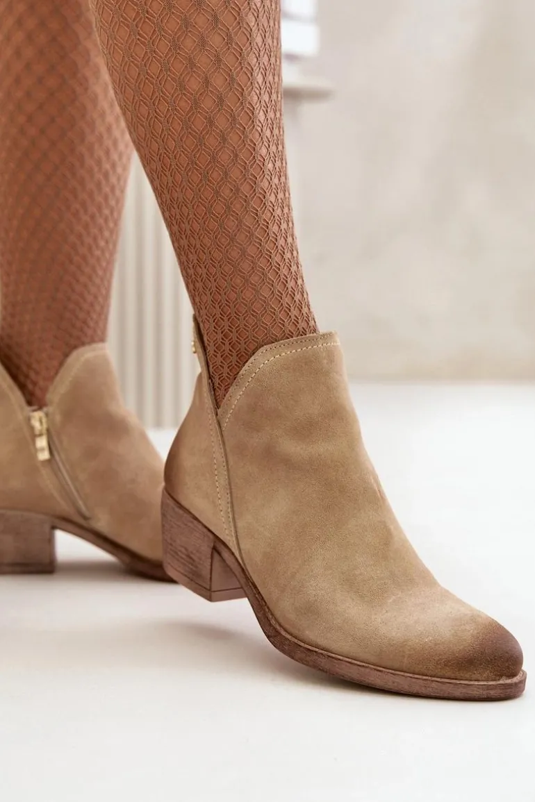Zazoo 60475 Zamszowe Botki Damskie Na Niskim Obcasie Ocieplane Beżowe