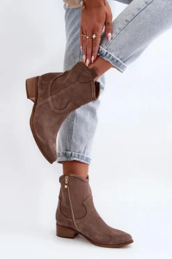 Zazoo 3329 Zamszowe Botki Kowbojki Na Niskim Obcasie Ciemnobeżowe