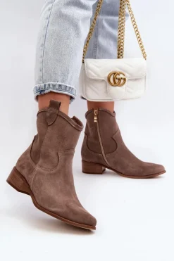 Zazoo 3329 Zamszowe Botki Kowbojki Na Niskim Obcasie Ciemnobeżowe