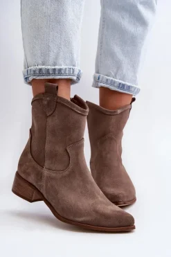 Zazoo 3329 Zamszowe Botki Kowbojki Na Niskim Obcasie Ciemnobeżowe