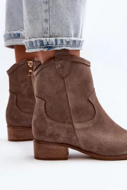 Zazoo 3329 Zamszowe Botki Kowbojki Na Niskim Obcasie Ciemnobeżowe