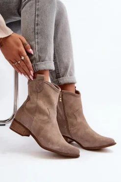 Zazoo 3329 Zamszowe Botki Kowbojki Na Niskim Obcasie Cappucino