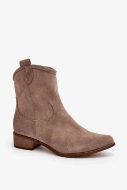 Zazoo 3329 Zamszowe Botki Kowbojki Na Niskim Obcasie Cappucino