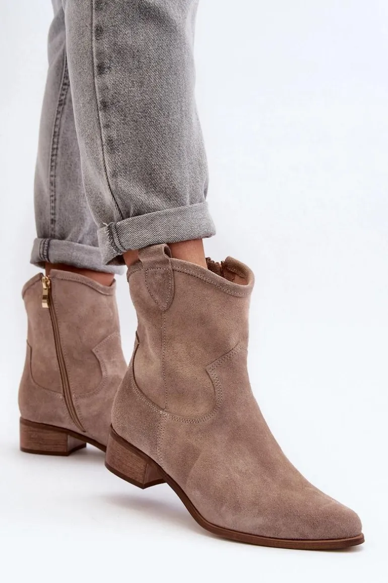 Zazoo 3329 Zamszowe Botki Kowbojki Na Niskim Obcasie Cappucino