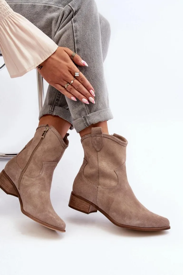 Zazoo 3329 Zamszowe Botki Kowbojki Na Niskim Obcasie Cappucino